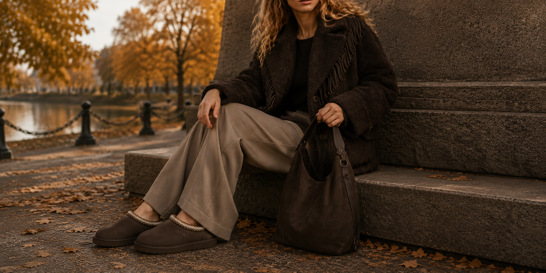 Høstmote til dame med brune boots, sneakers, regnstøvler og vesker i en nordisk by