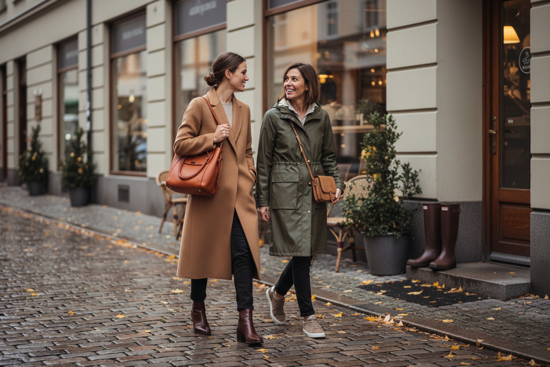 Høstmote til dame med brune boots, sneakers, regnstøvler og vesker i en nordisk by