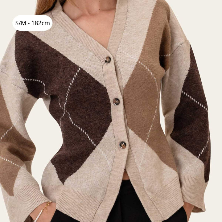 BYIC KarmaIC Fitted Cardigan Beige Argyle