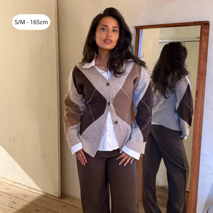 BYIC KarmaIC Fitted Cardigan Beige Argyle