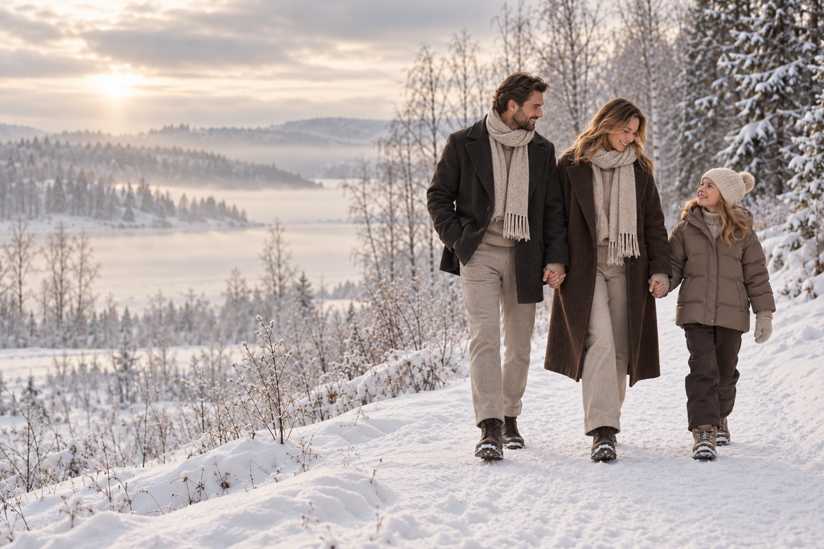 En mann, en dame og et barn på tur i et snødekt landskap. AI-generert stemningsbilde.